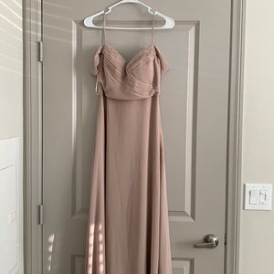 Off shoulder chiffon taupe bridesmaid dress